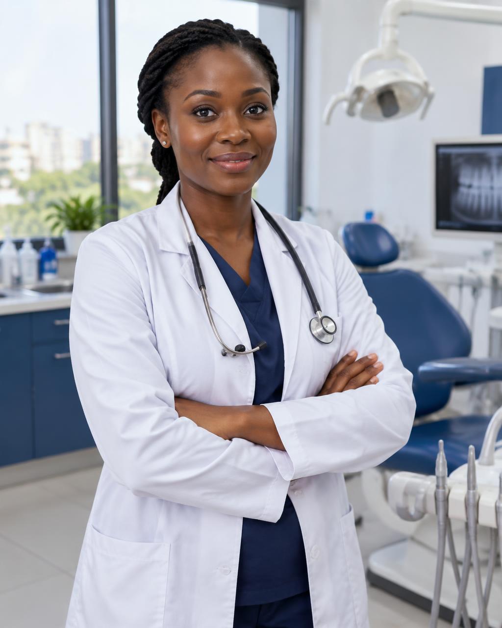 Female Nigerian dentist in a white medical coat at Upright Dental Clinic
