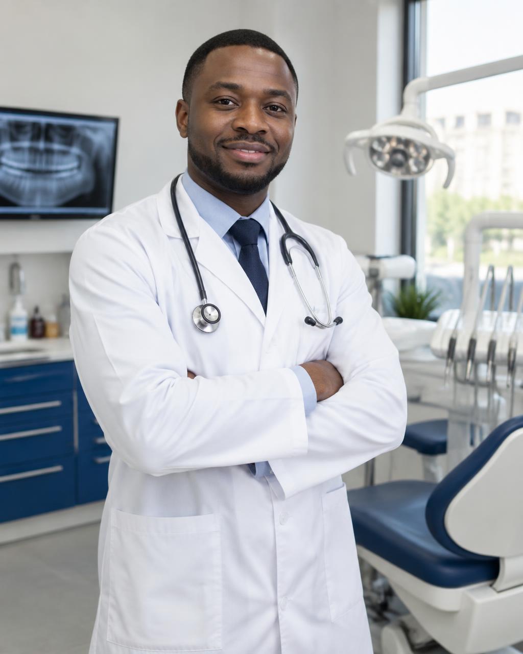 Male Nigerian dentist in a white medical coat at Upright Dental Clinic