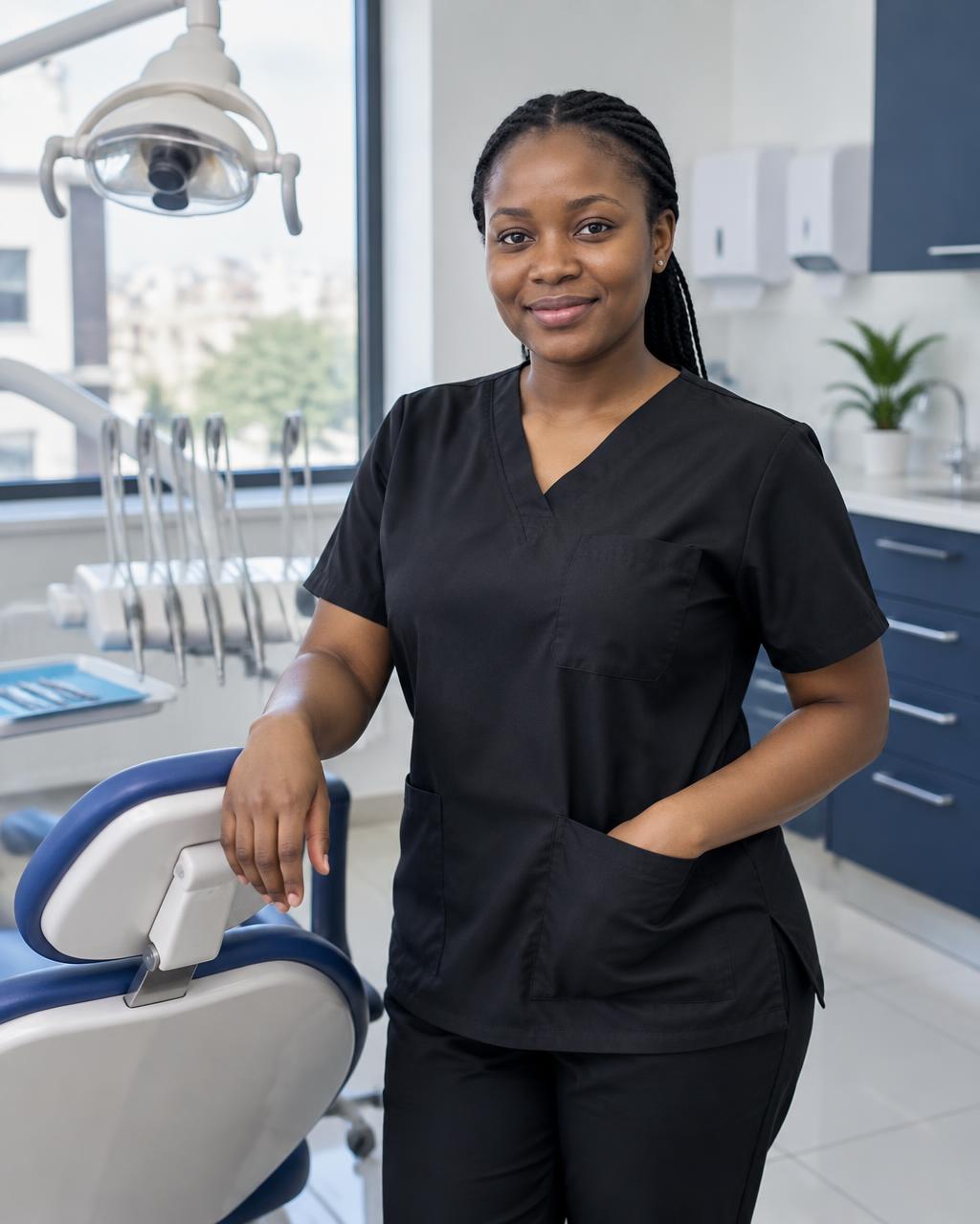 Nigerian dental nurse in black medical scrubs at Upright Dental Clinic