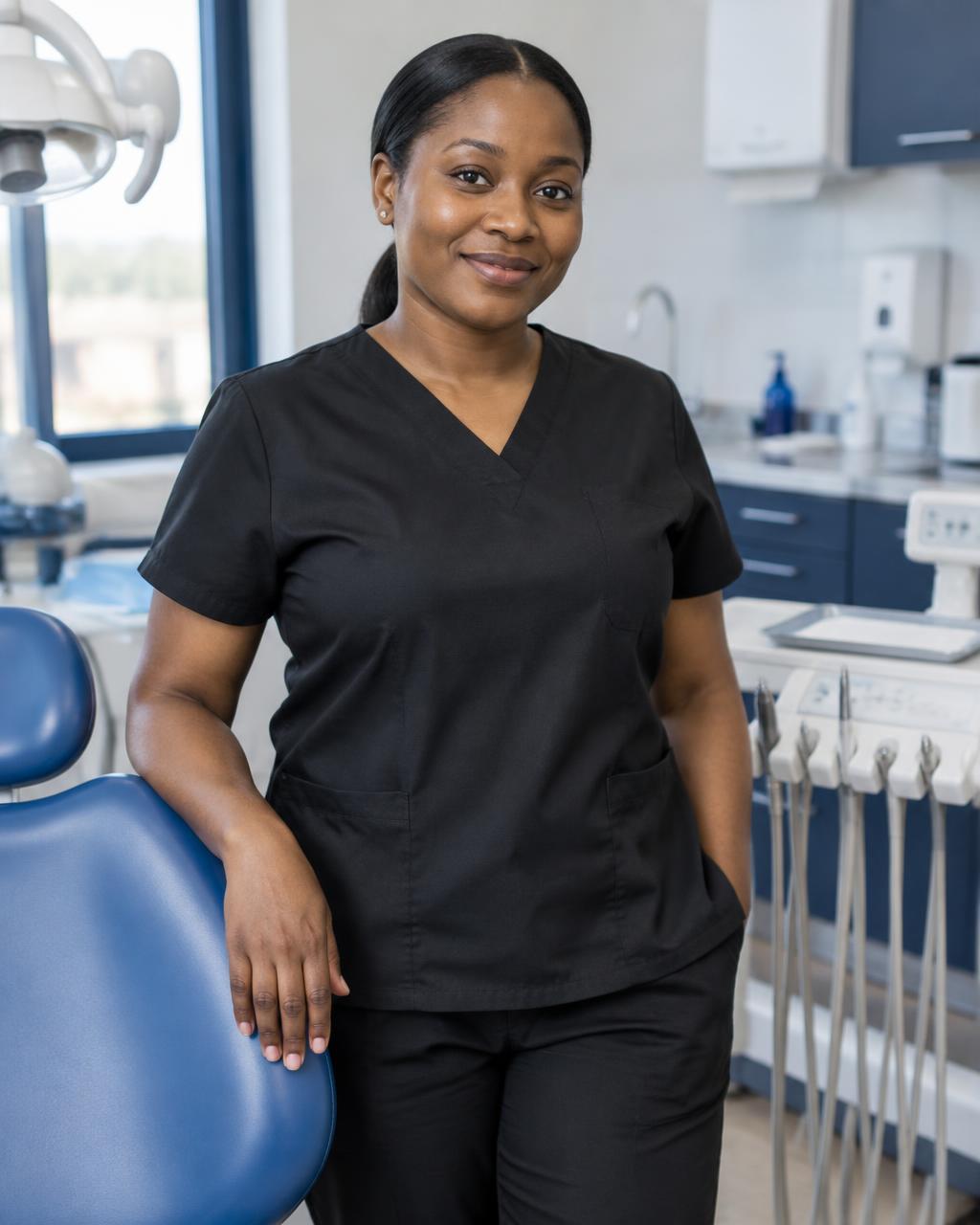Nigerian dental nurse in black medical scrubs beside a treatment chair